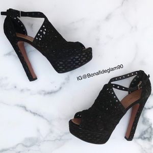 Alaia laser-cut perforated suede platform sandal